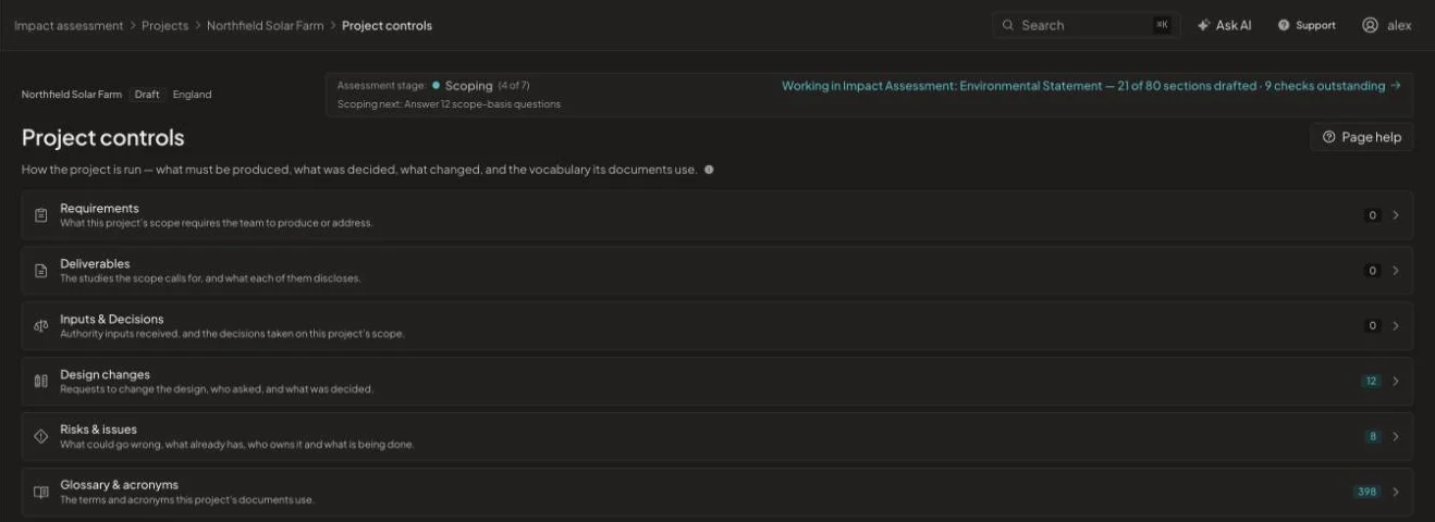 Project controls list with requirements, deliverables, inputs and decisions, design changes, risks and issues, and a glossary of 398 terms.