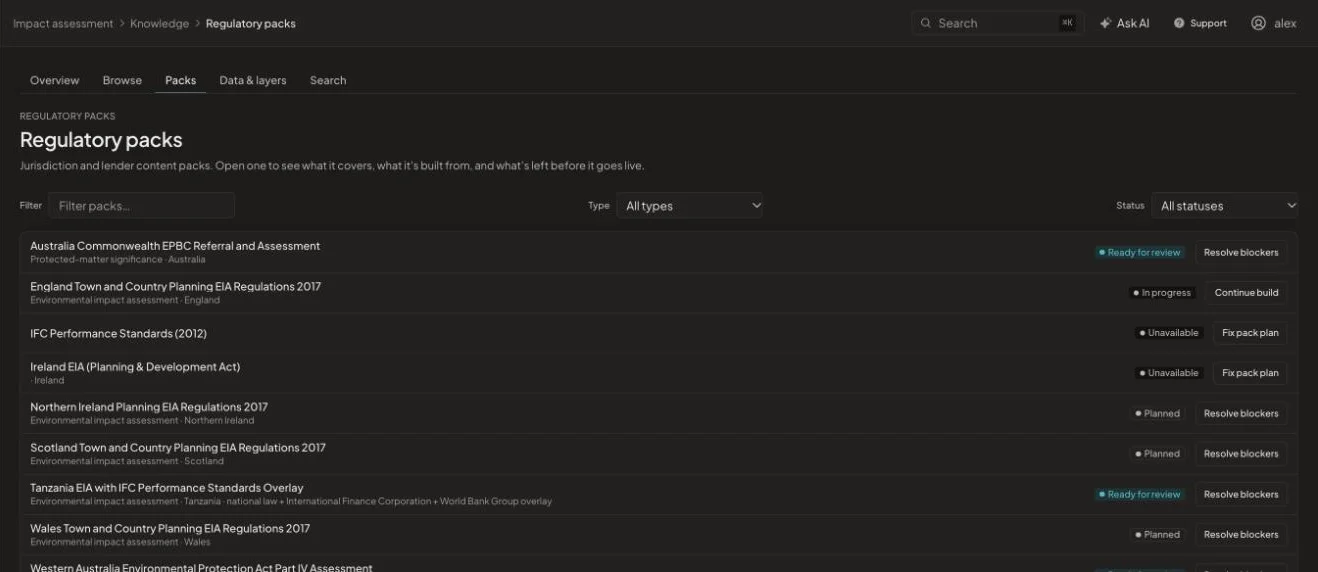 Regulatory packs list showing jurisdiction packs and their build status.