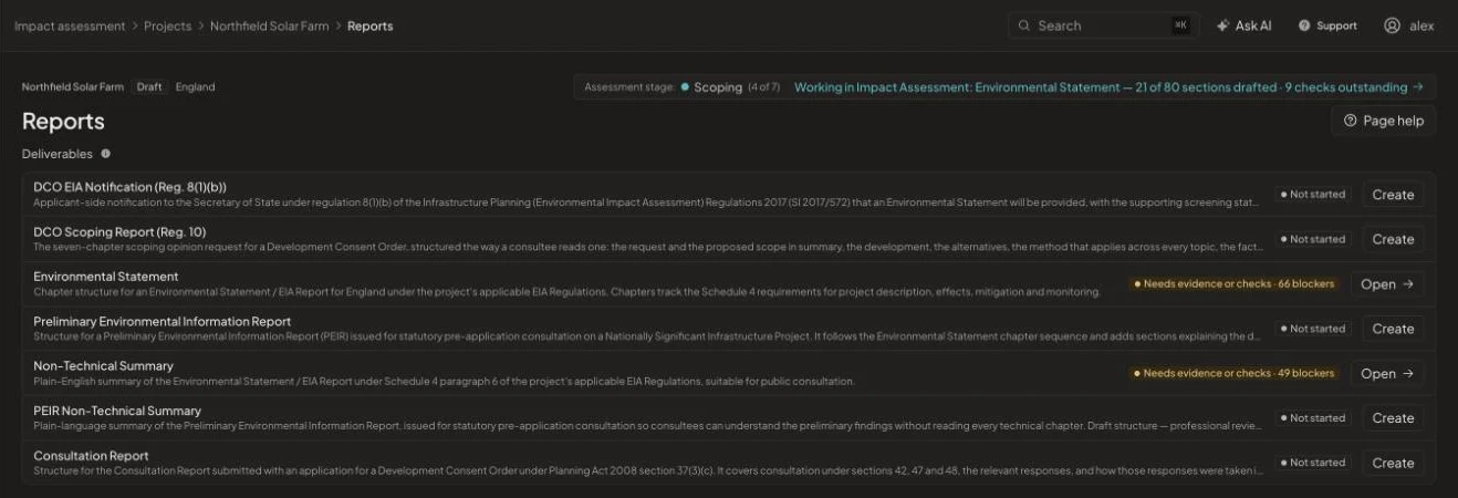 Reports page listing DCO EIA notification, scoping report, Environmental Statement, PEIR, Non-Technical Summary and consultation report with their status.