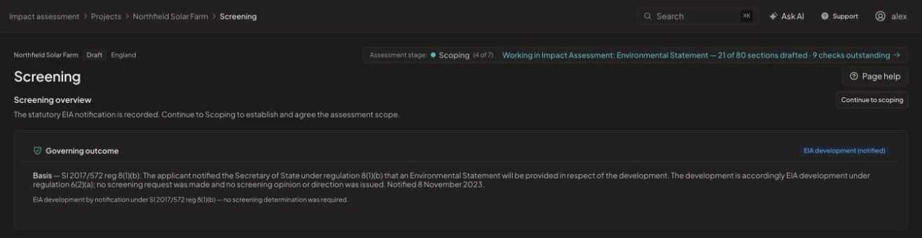 Screening page showing the governing outcome: EIA development by notification under SI 2017/572 regulation 8(1)(b).